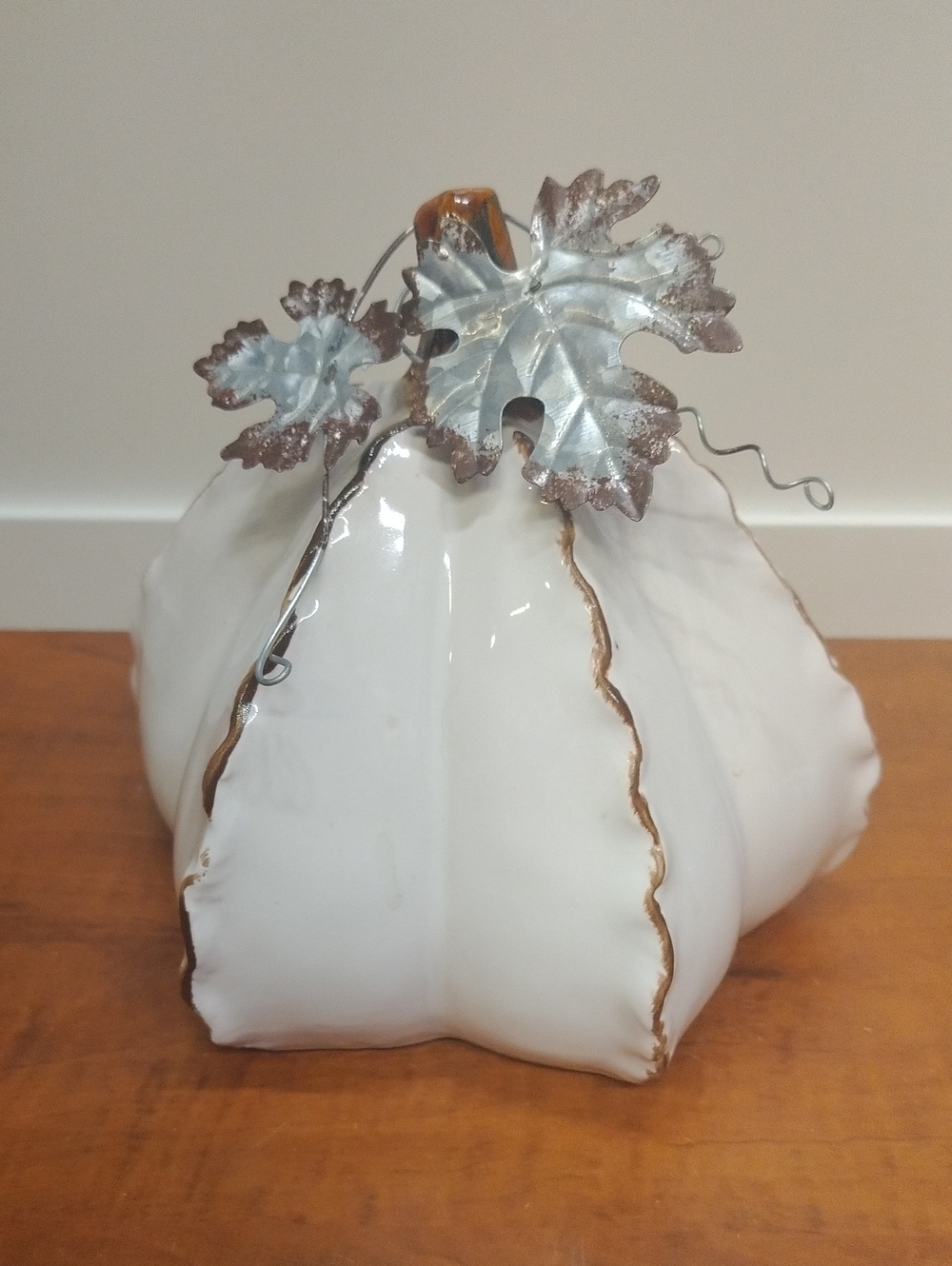 Kirkland's White Ceramic Pumpkin with Silver Leaf Accent 7" Tall